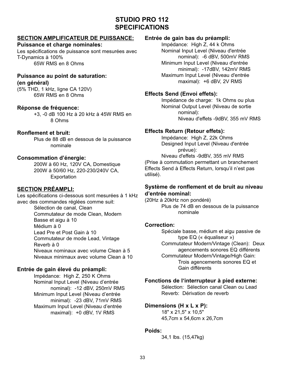 Studio pro 112 specifications | Peavey Studio Pro 112 User Manual | Page 33 / 48