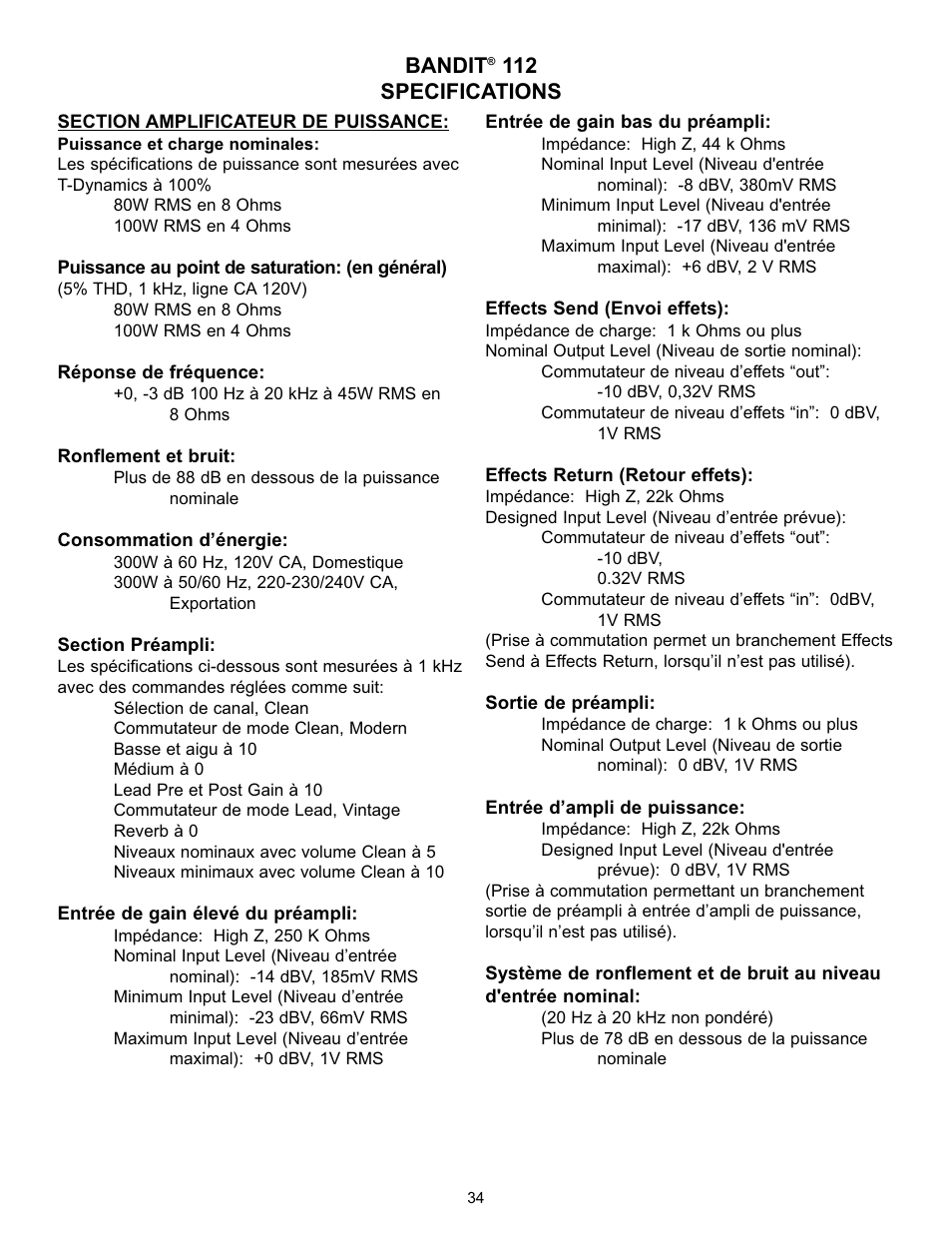 Bandit, 112 specifications | Peavey Studio Pro 112 User Manual | Page 34 / 48