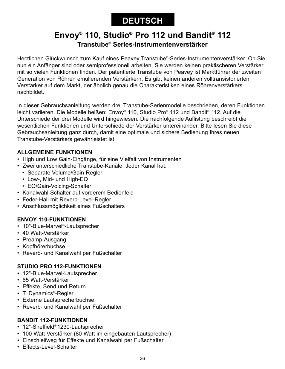 Envoy, 110, studio, Pro 112 und bandit | Deutsch, Transtube, Series-instrumentenverstärker | Peavey Studio Pro 112 User Manual | Page 36 / 48