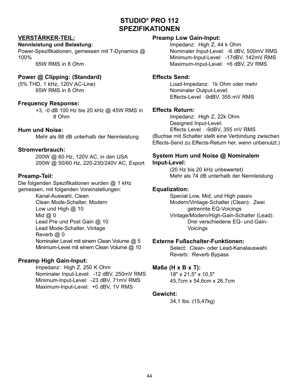 Studio, Pro 112 spezifikationen | Peavey Studio Pro 112 User Manual | Page 44 / 48