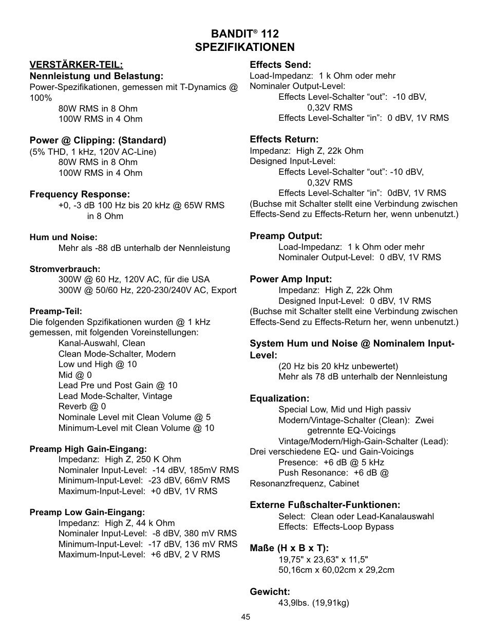 Bandit, 112 spezifikationen | Peavey Studio Pro 112 User Manual | Page 45 / 48