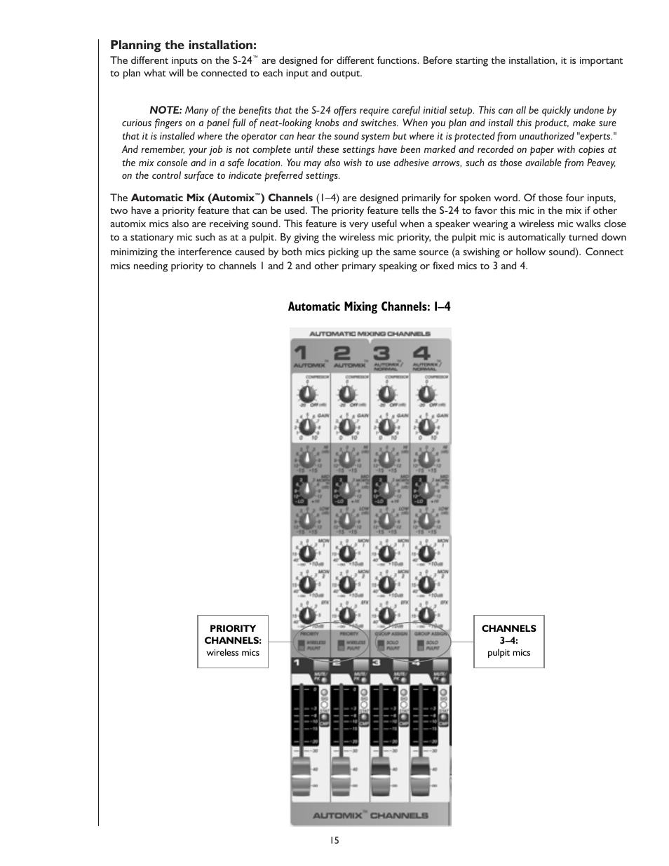 Planning the installation, Automatic mixing channels: 1–4 | Peavey S-24 User Manual | Page 15 / 32