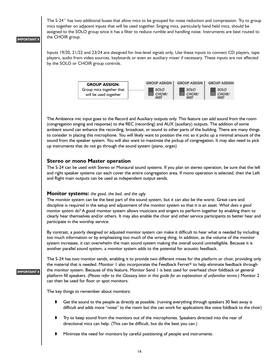 Stereo or mono master operation, Monitor systems | Peavey S-24 User Manual | Page 16 / 32