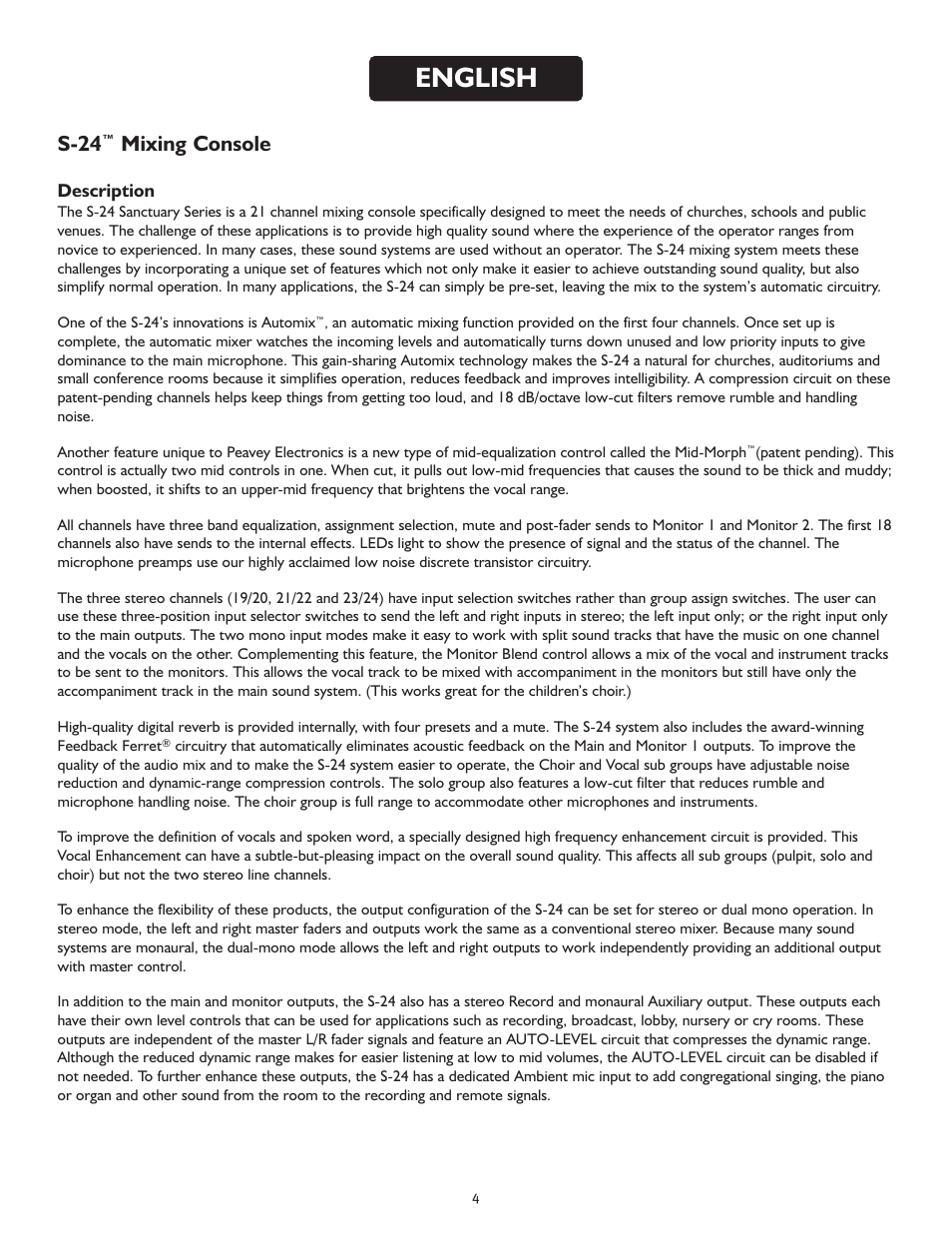 English, S-24, Mixing console | Peavey S-24 User Manual | Page 4 / 32