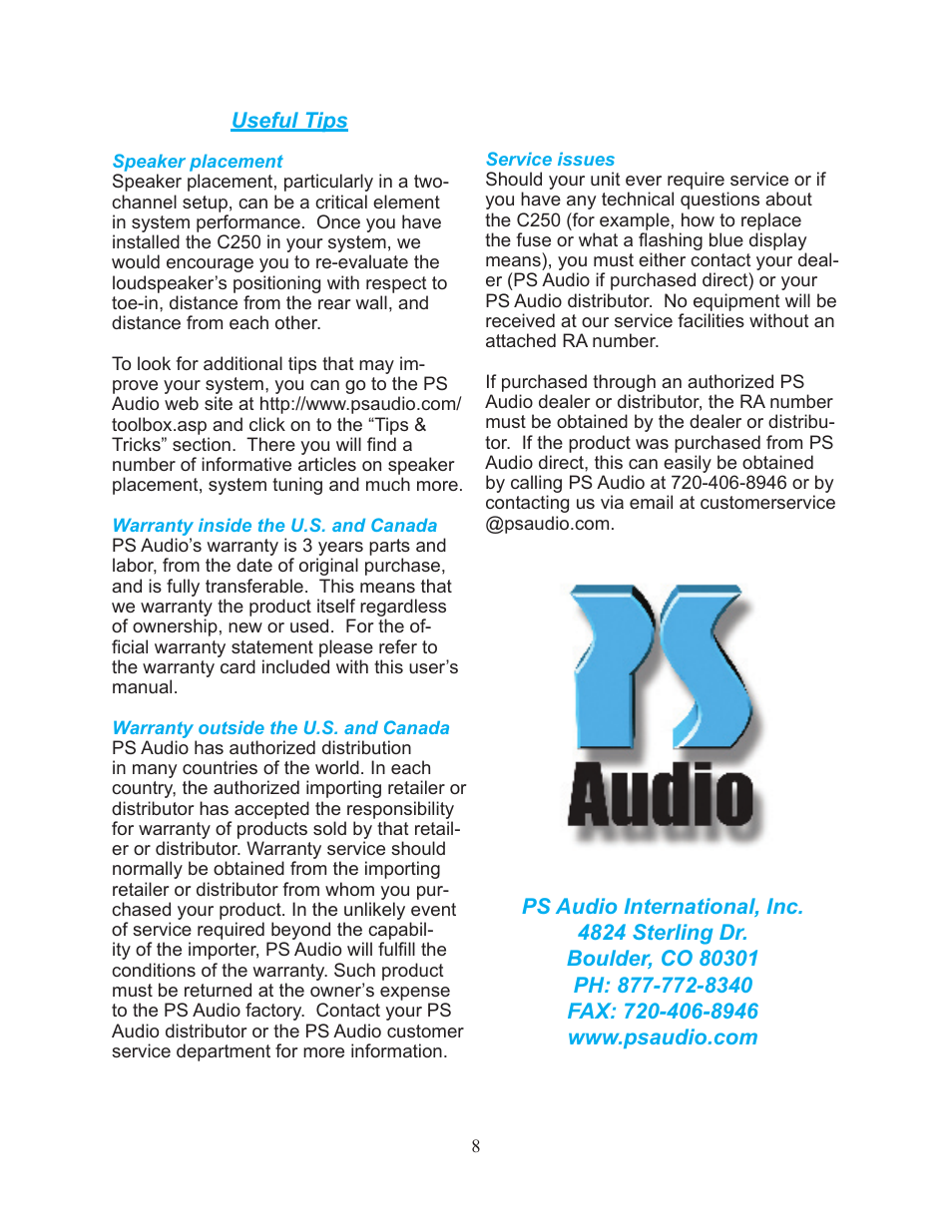 PS Audio C250 User Manual | Page 8 / 8