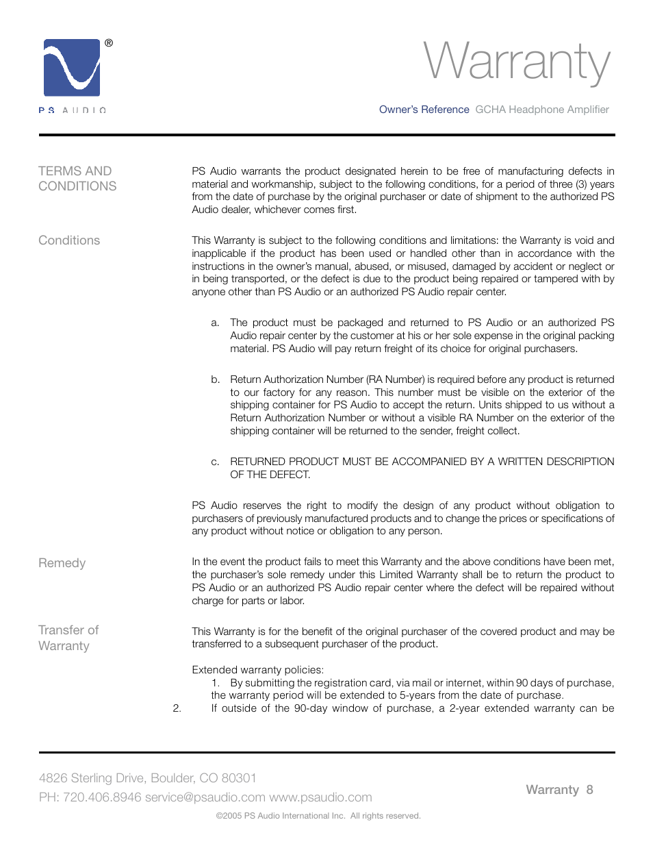 Warranty | PS Audio GCHA User Manual | Page 12 / 16