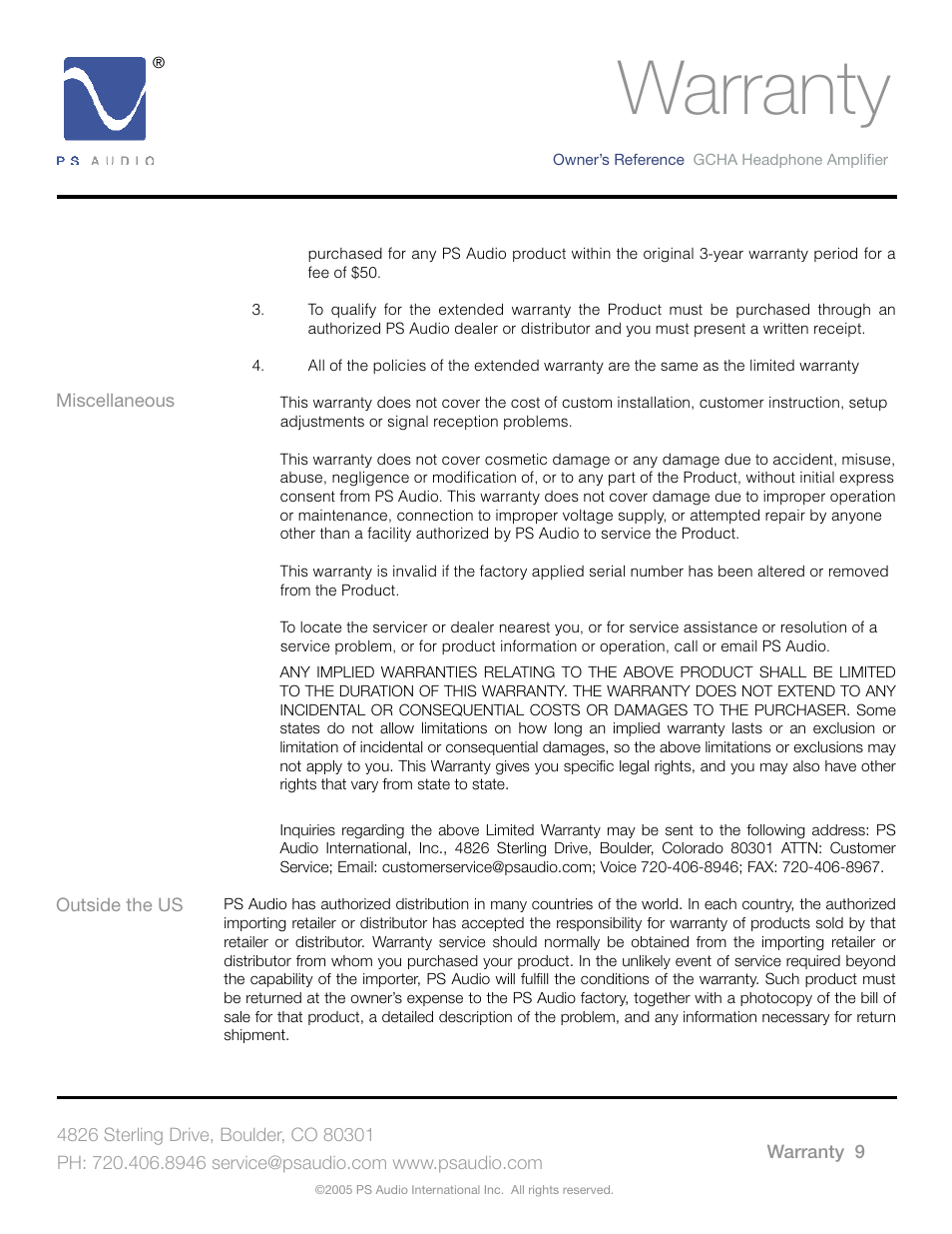 Warranty | PS Audio GCHA User Manual | Page 13 / 16