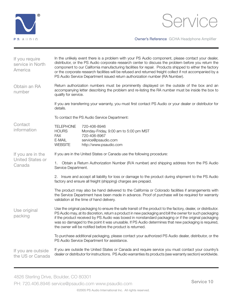 Service | PS Audio GCHA User Manual | Page 14 / 16