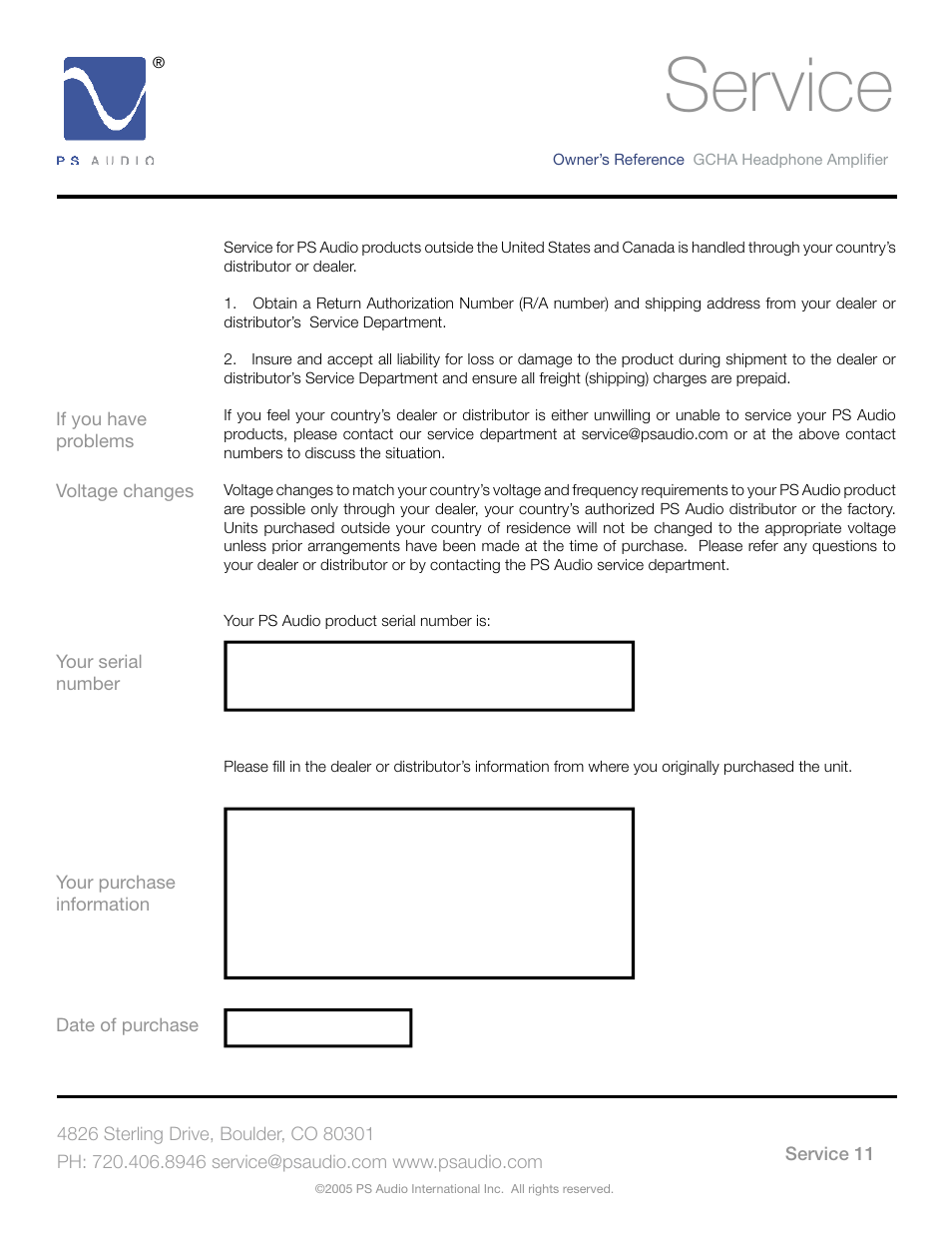 Service | PS Audio GCHA User Manual | Page 15 / 16