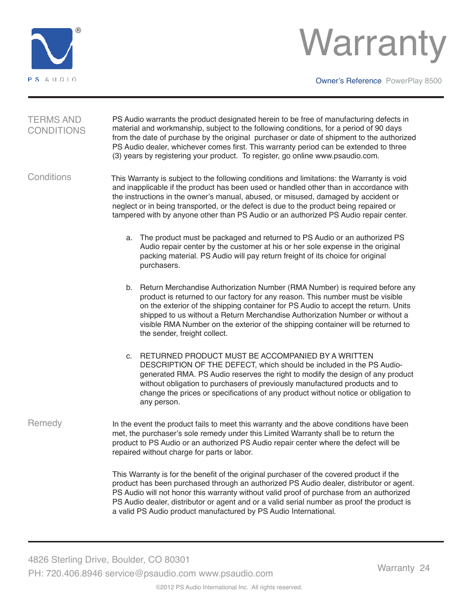 Warranty | PS Audio 8500 User Manual | Page 28 / 32