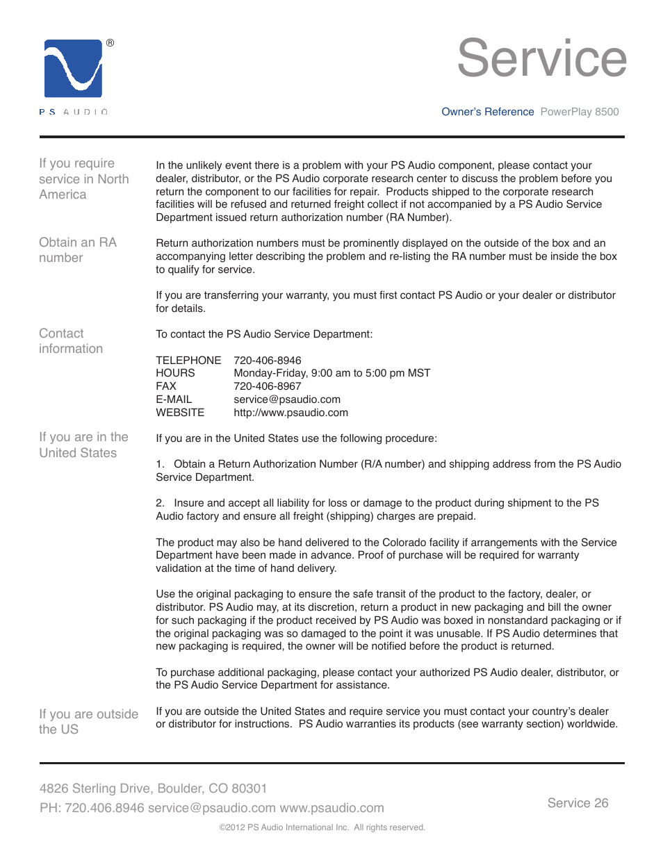 Service | PS Audio 8500 User Manual | Page 30 / 32