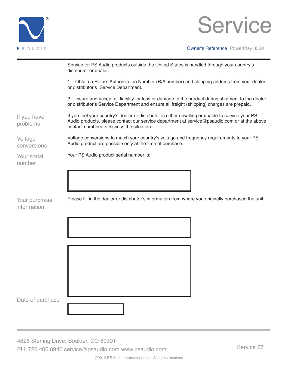 Service | PS Audio 8500 User Manual | Page 31 / 32