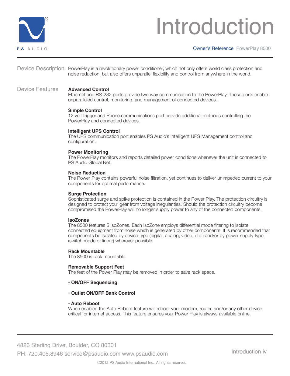 Introduction | PS Audio 8500 User Manual | Page 4 / 32