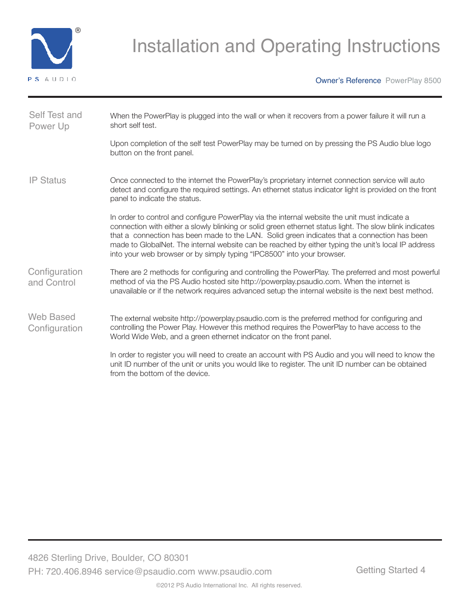Installation and operating instructions | PS Audio 8500 User Manual | Page 8 / 32