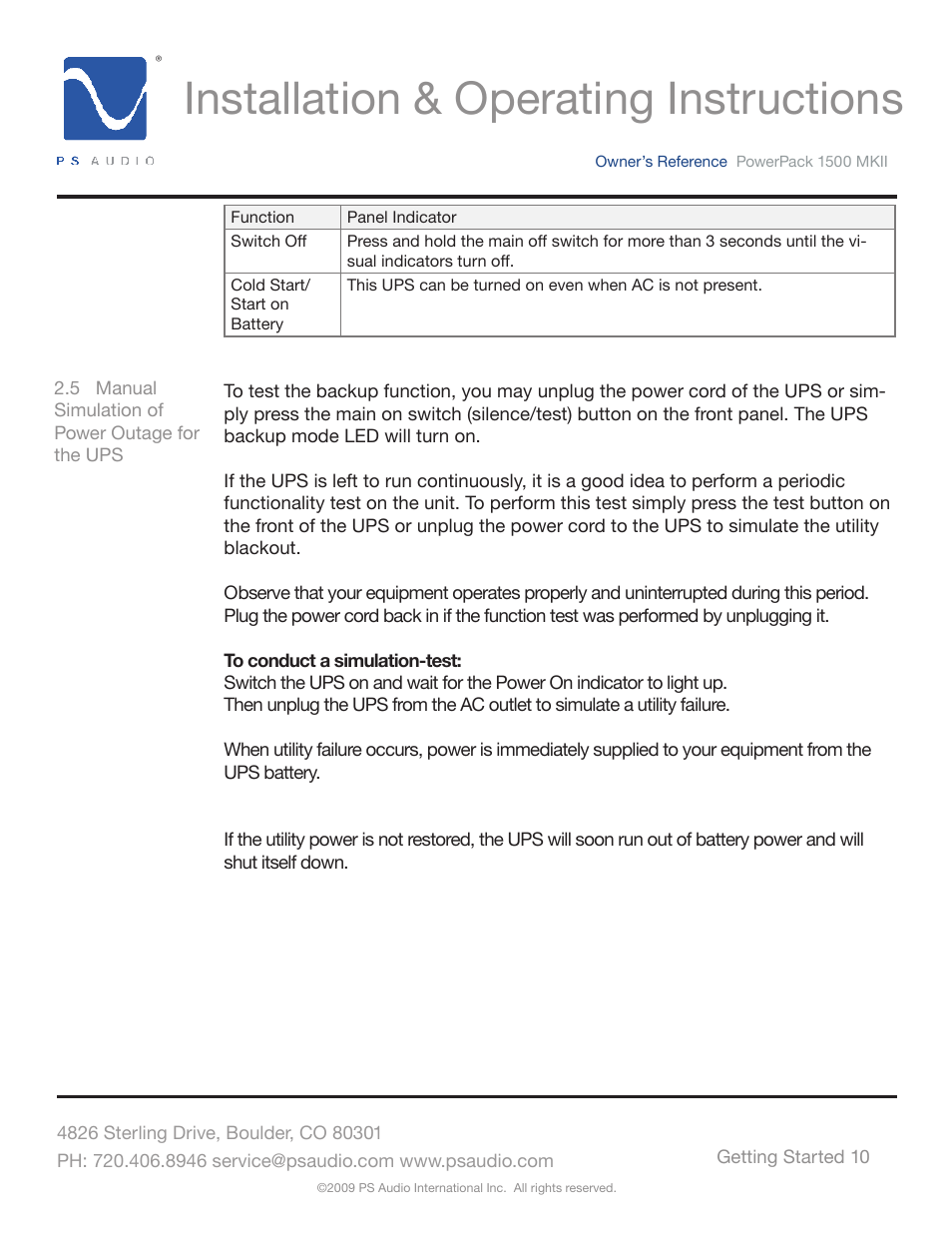 Installation & operating instructions | PS Audio POWERPACK 1500 MKII User Manual | Page 10 / 30
