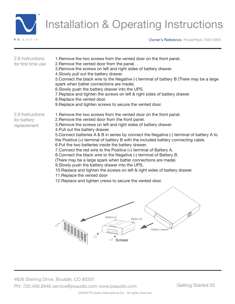 Installation & operating instructions | PS Audio POWERPACK 1500 MKII User Manual | Page 20 / 30