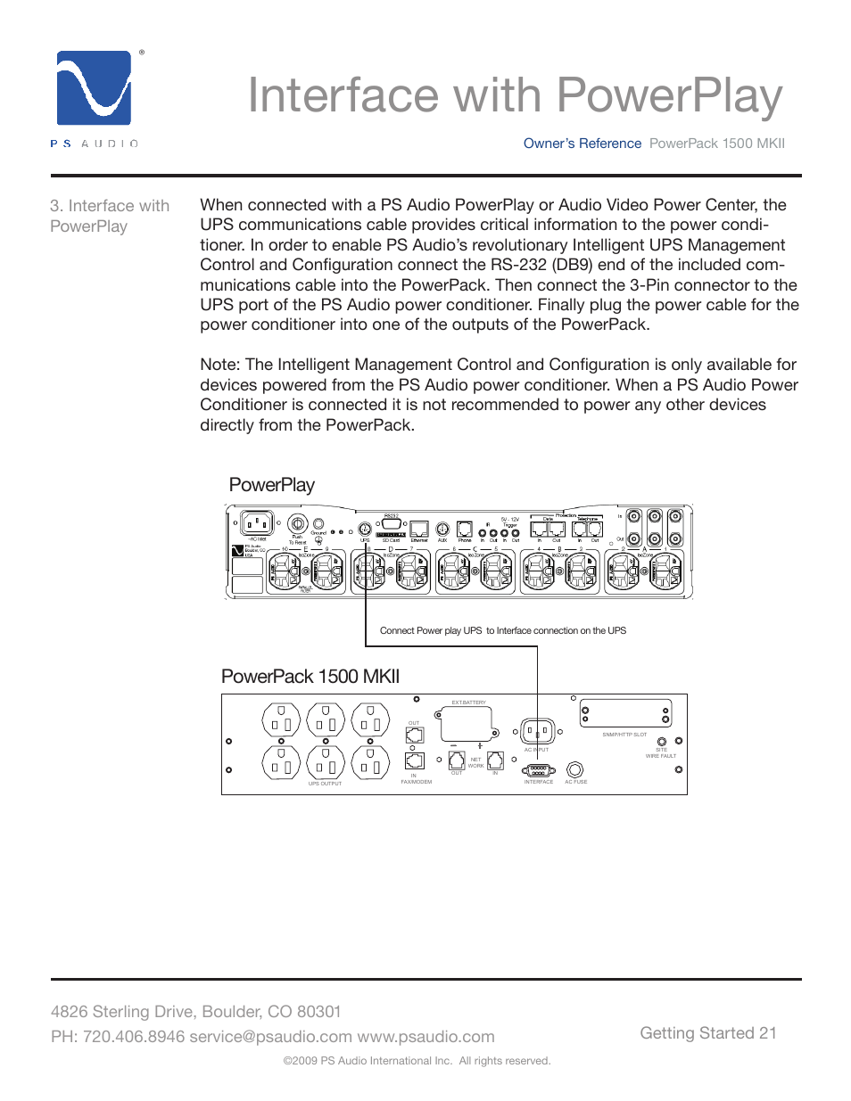 Interface with powerplay, Powerplay powerpack 1500 mkii, 115v rear panel | Getting started 21 | PS Audio POWERPACK 1500 MKII User Manual | Page 21 / 30