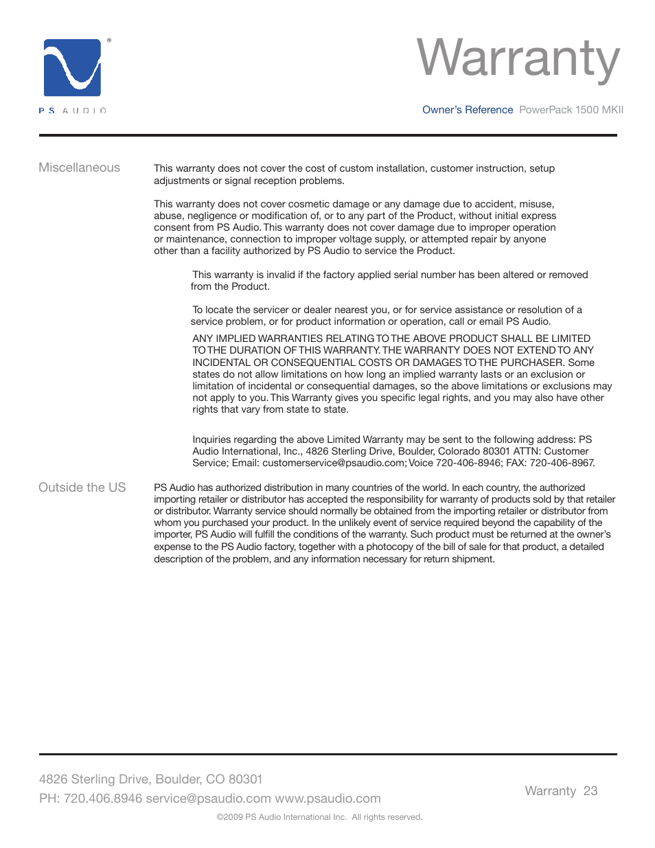 Warranty | PS Audio POWERPACK 1500 MKII User Manual | Page 23 / 30