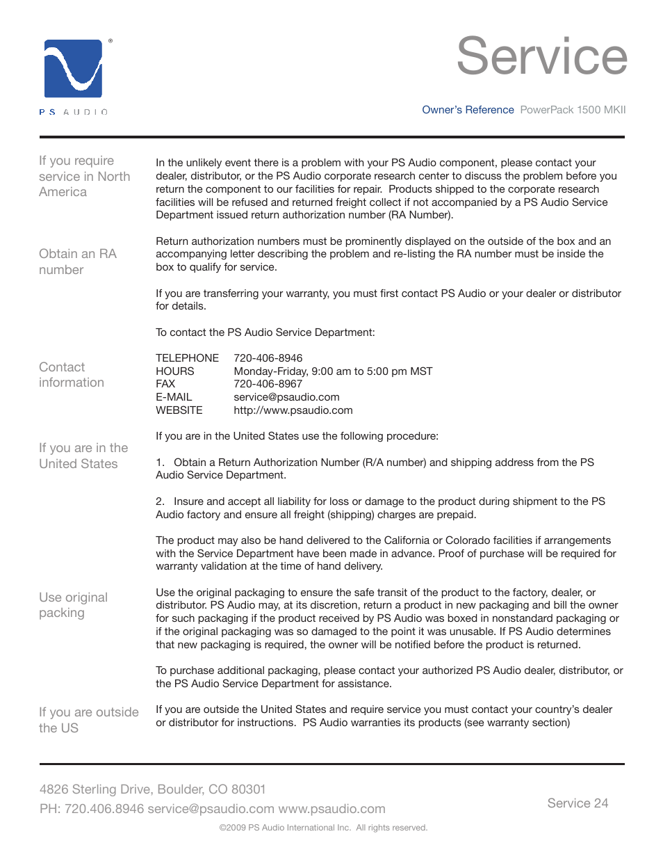 Service | PS Audio POWERPACK 1500 MKII User Manual | Page 24 / 30