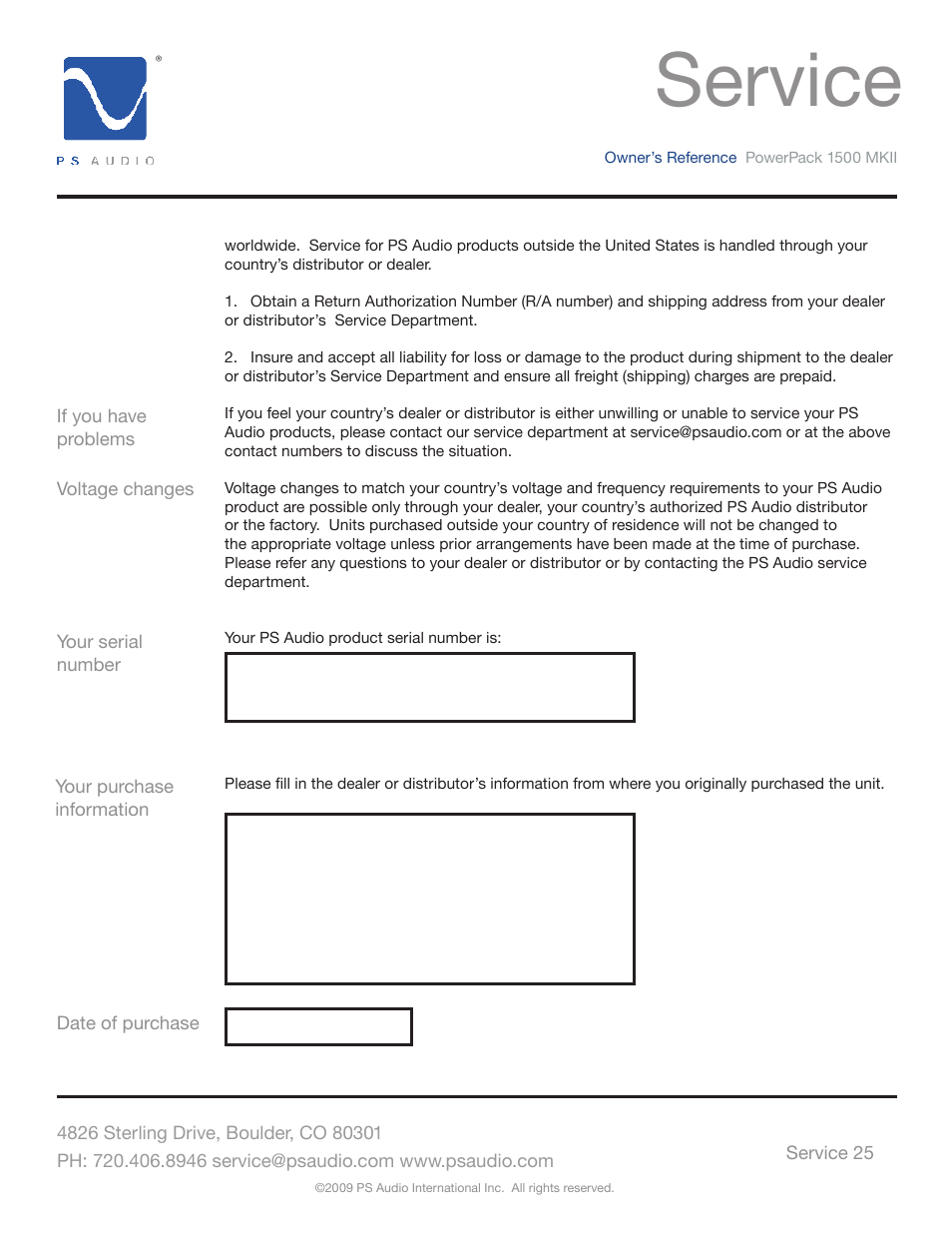 Service | PS Audio POWERPACK 1500 MKII User Manual | Page 25 / 30