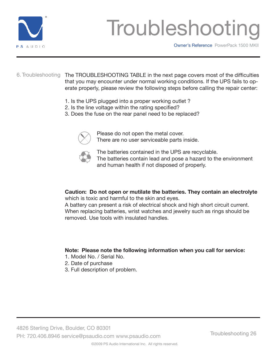 Troubleshooting | PS Audio POWERPACK 1500 MKII User Manual | Page 26 / 30