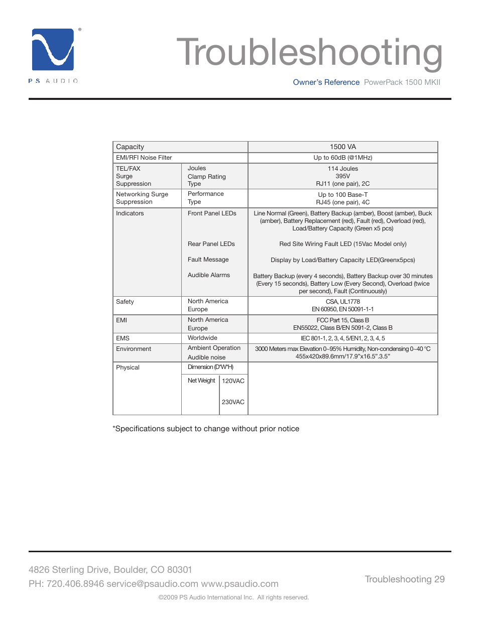 Troubleshooting | PS Audio POWERPACK 1500 MKII User Manual | Page 29 / 30