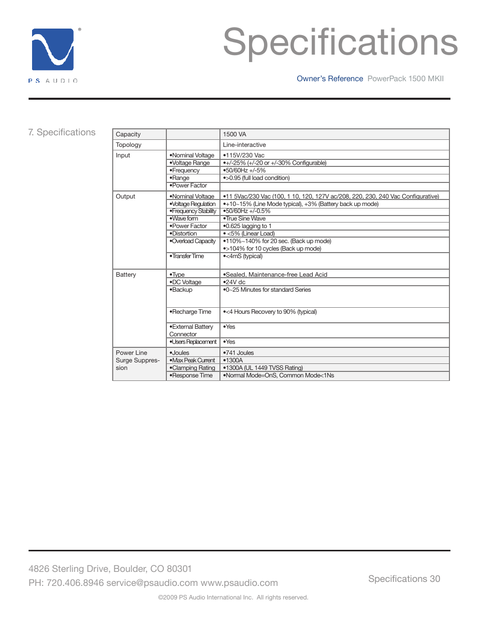 Specifications | PS Audio POWERPACK 1500 MKII User Manual | Page 30 / 30