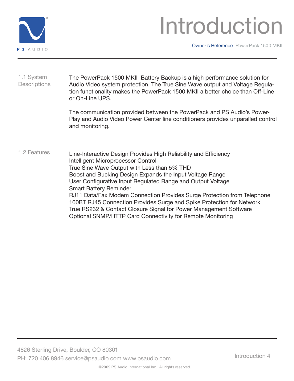 Introduction | PS Audio POWERPACK 1500 MKII User Manual | Page 4 / 30