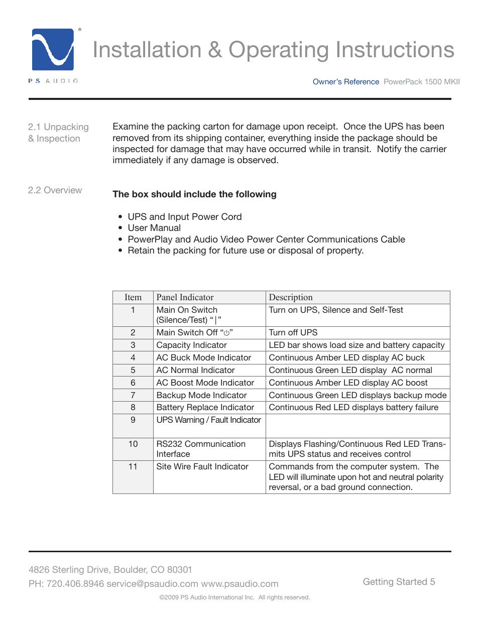 Installation & operating instructions | PS Audio POWERPACK 1500 MKII User Manual | Page 5 / 30