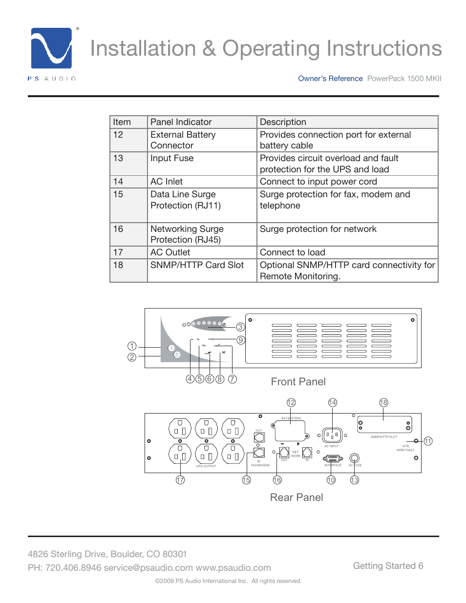 Installation & operating instructions, Front panel 5v rear panel, Getting started 6 | PS Audio POWERPACK 1500 MKII User Manual | Page 6 / 30