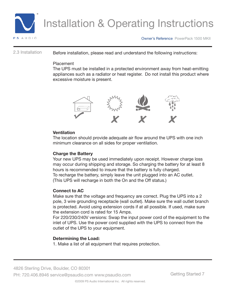 Installation & operating instructions | PS Audio POWERPACK 1500 MKII User Manual | Page 7 / 30