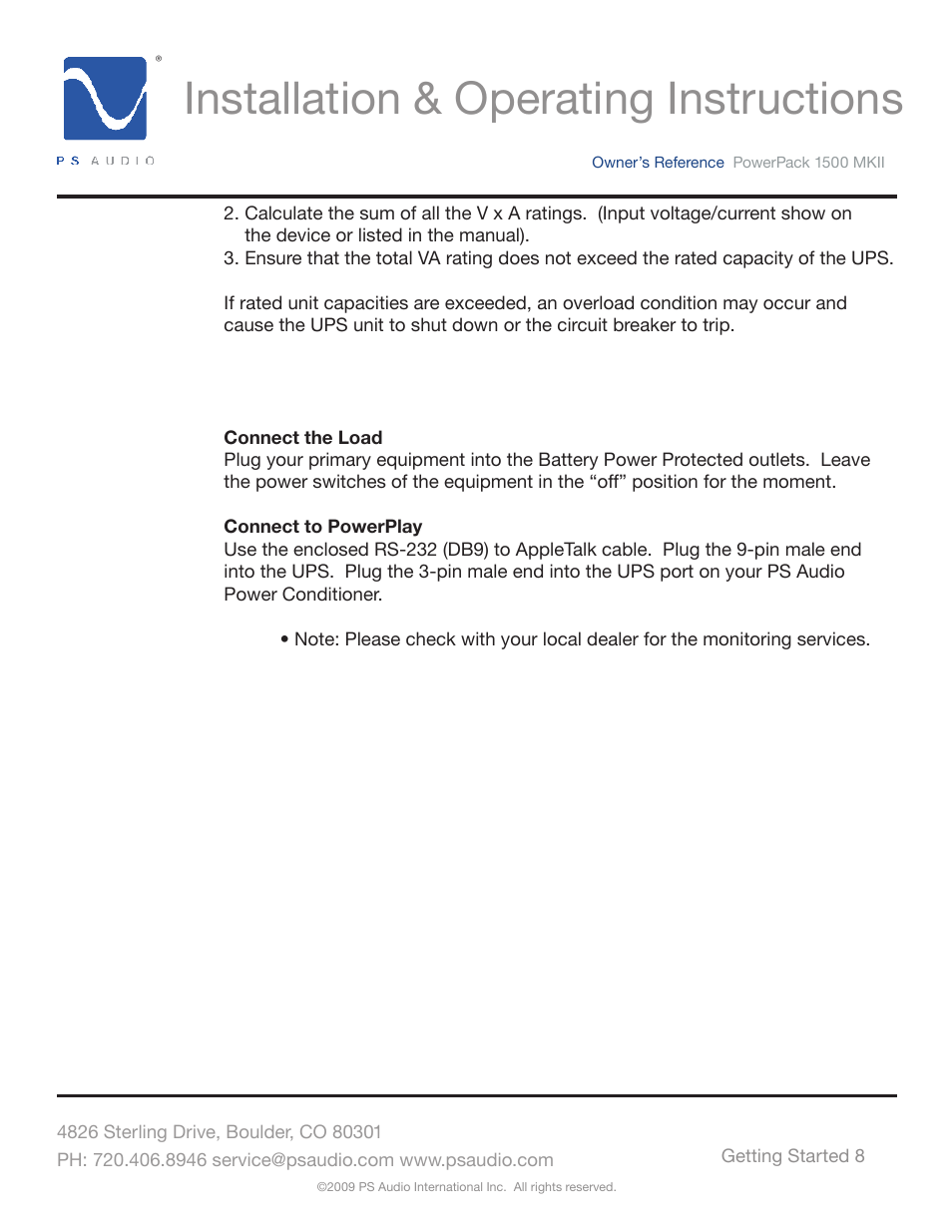 Installation & operating instructions | PS Audio POWERPACK 1500 MKII User Manual | Page 8 / 30