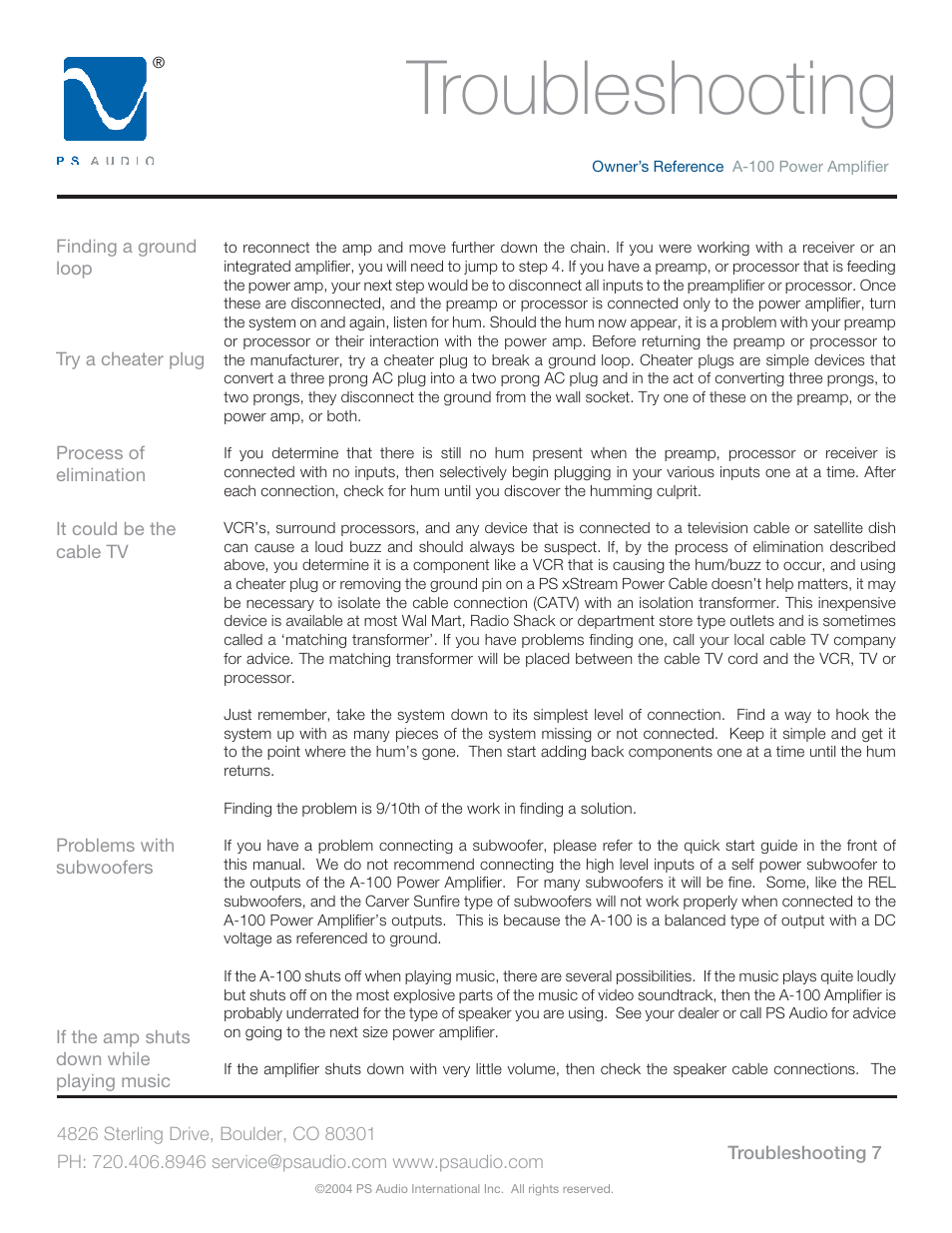 Troubleshooting | PS Audio TRIO A-100 User Manual | Page 11 / 16