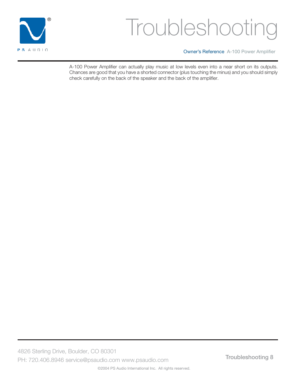 Troubleshooting | PS Audio TRIO A-100 User Manual | Page 12 / 16