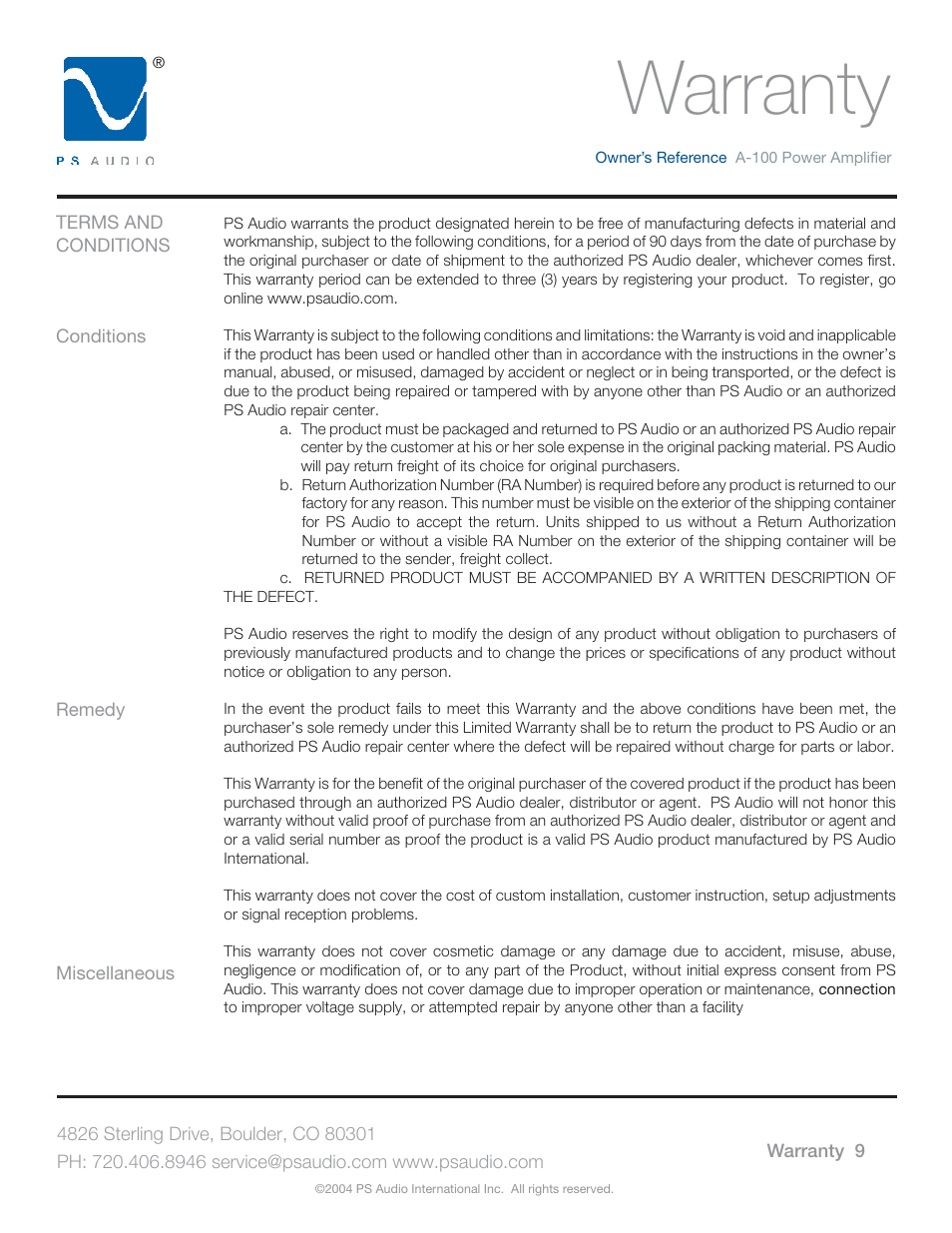 Warranty | PS Audio TRIO A-100 User Manual | Page 13 / 16