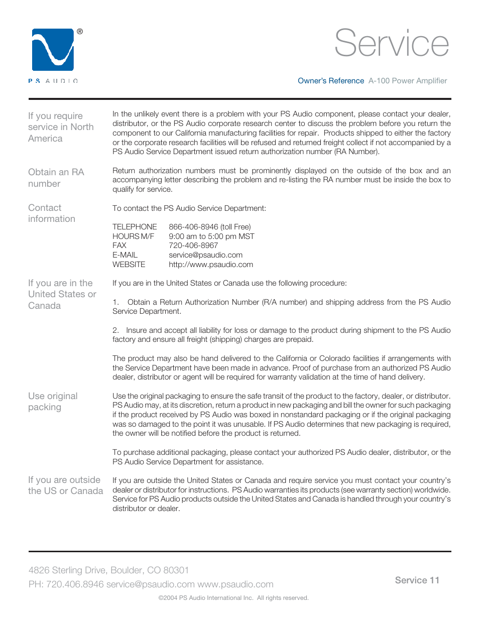 Service | PS Audio TRIO A-100 User Manual | Page 15 / 16