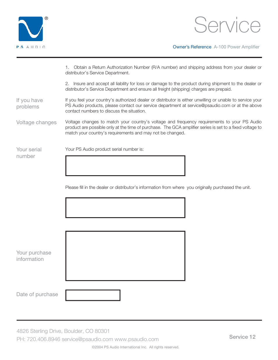 Service | PS Audio TRIO A-100 User Manual | Page 16 / 16