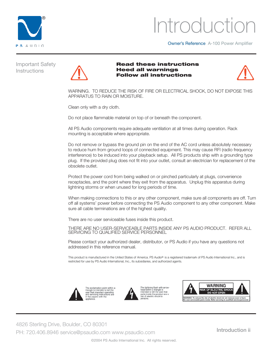 Introduction | PS Audio TRIO A-100 User Manual | Page 2 / 16