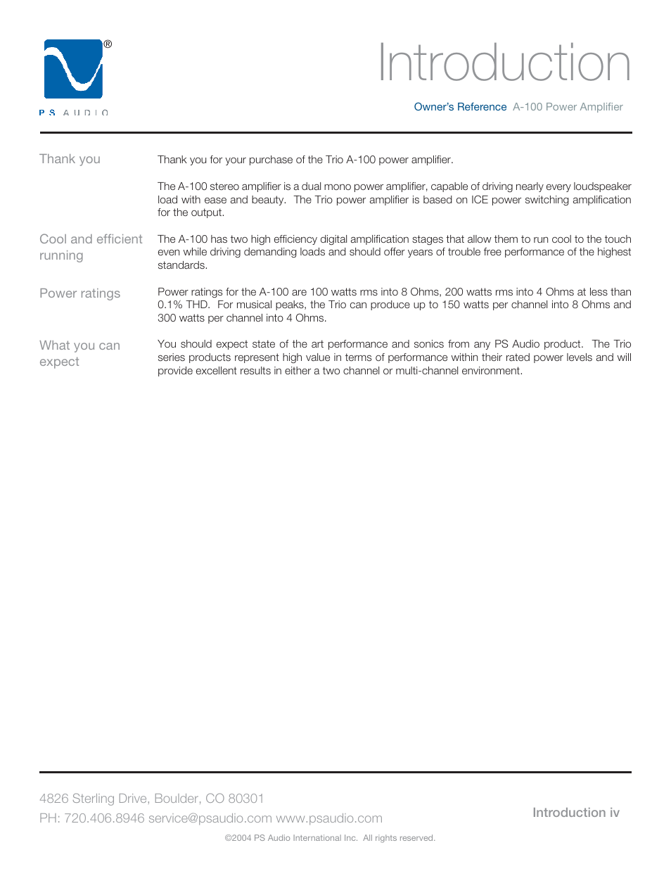Introduction | PS Audio TRIO A-100 User Manual | Page 4 / 16