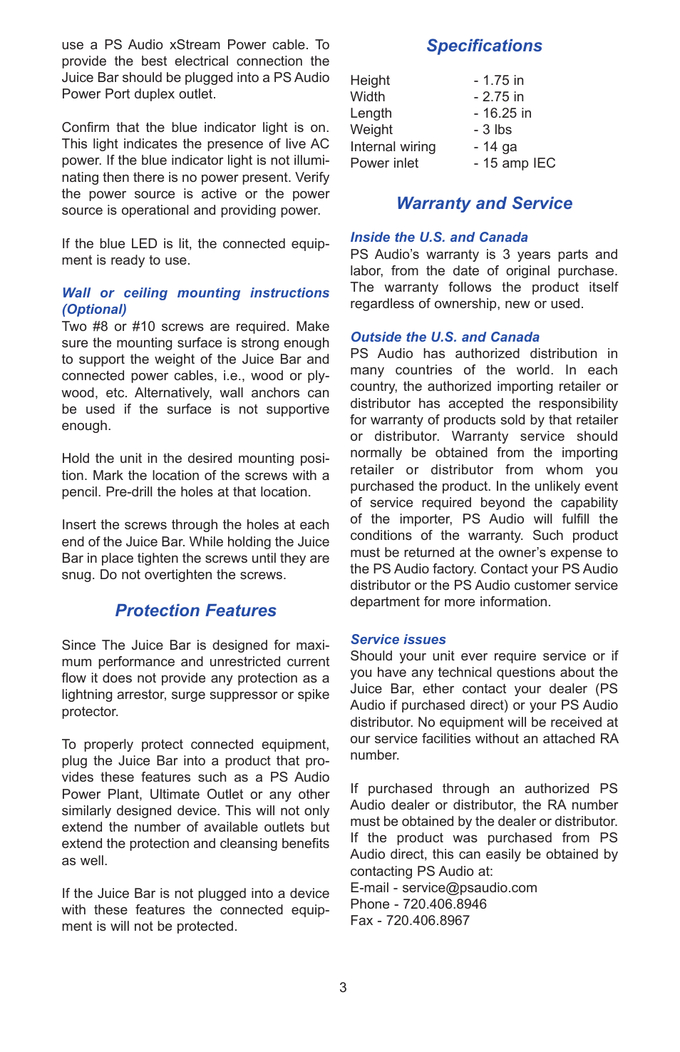 Protection features, Specifications, Warranty and service | PS Audio Juice Bar User Manual | Page 3 / 4