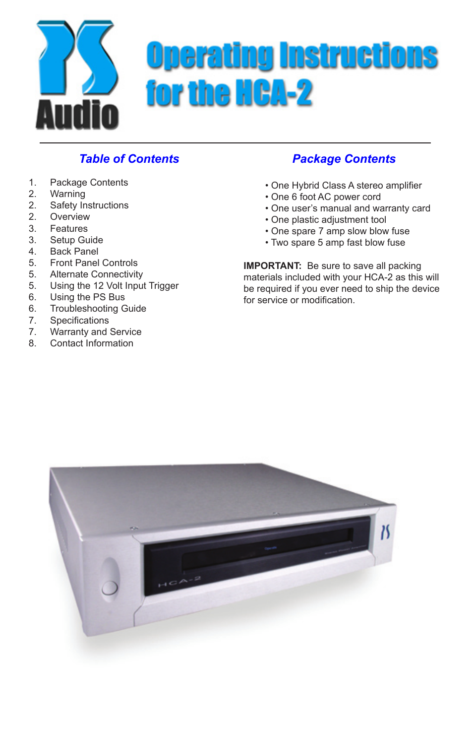 PS Audio HCA-2 User Manual | 8 pages
