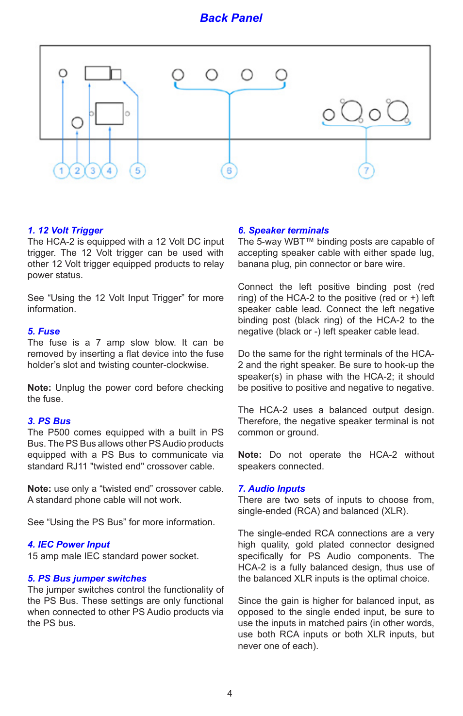 Back panel | PS Audio HCA-2 User Manual | Page 4 / 8