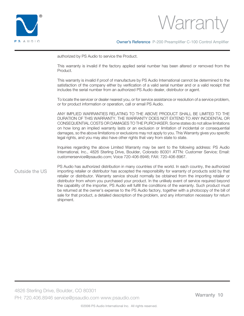 Warranty | PS Audio TRIO C-100 User Manual | Page 14 / 16