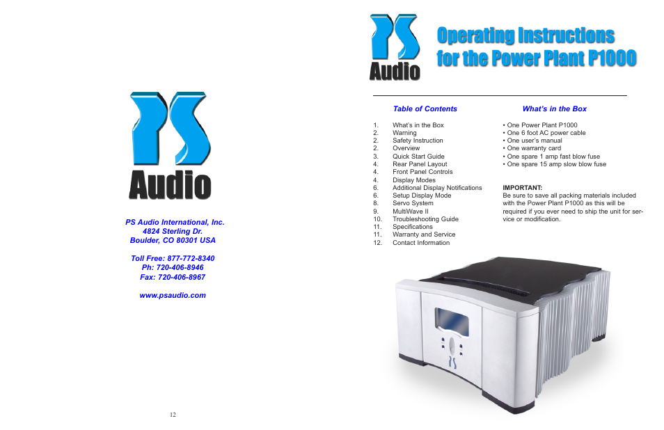 PS Audio P1000 User Manual | 6 pages