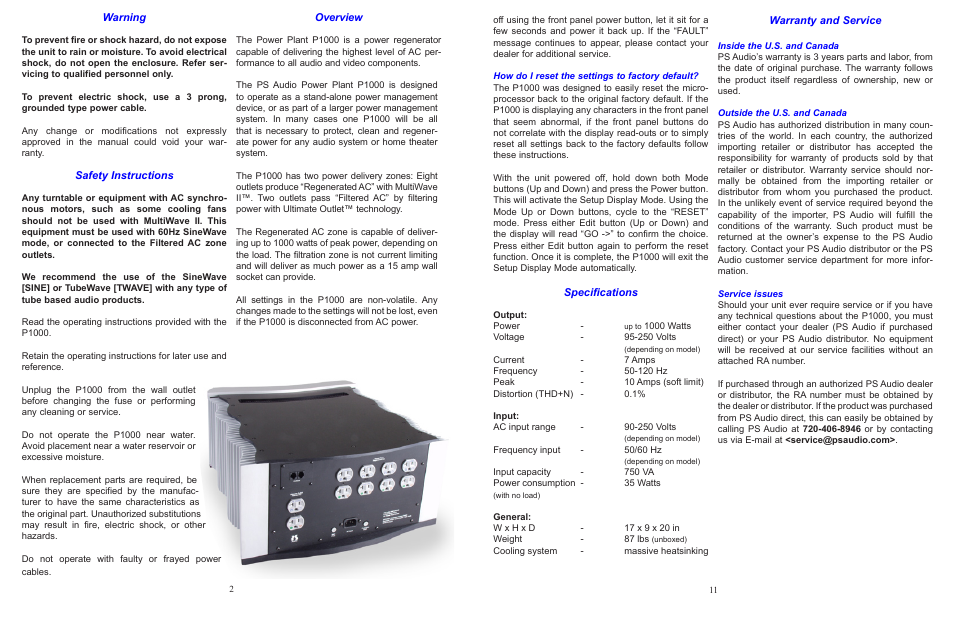 Warning, Safety instructions, Overview | Specifications, Warranty and service | PS Audio P1000 User Manual | Page 2 / 6