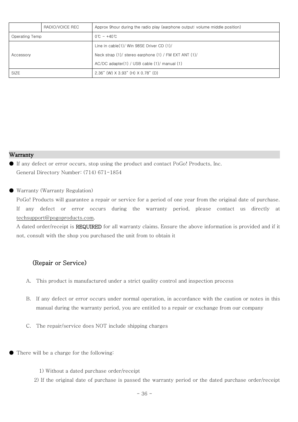 Warranty, Repair or service) | PoGo Products RadioYourWay LX User Manual | Page 44 / 46