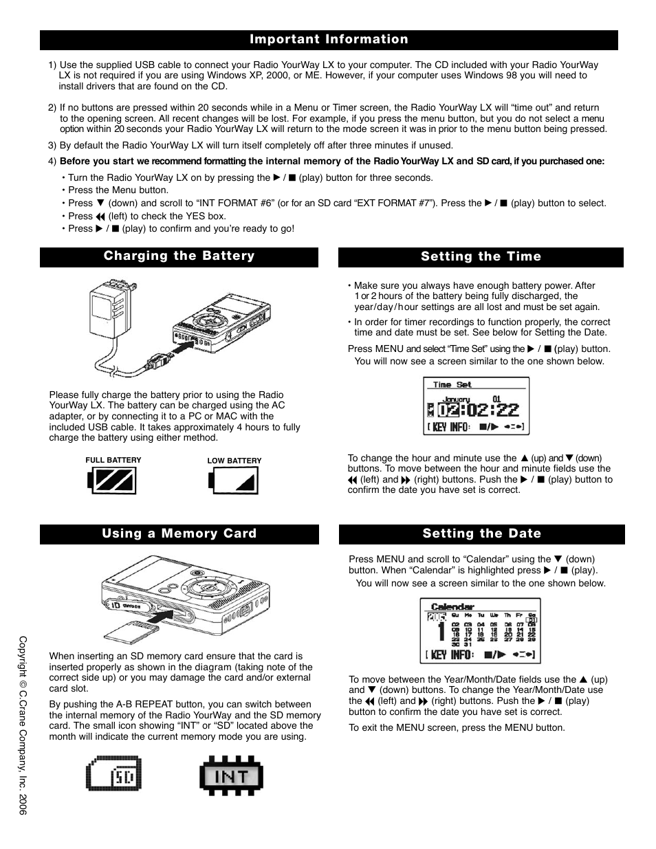 Important information, Setting the time, Setting the date | PoGo Products Radio User Manual | Page 2 / 4