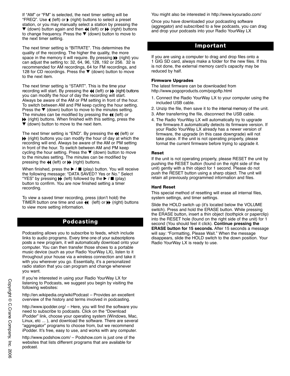 Podcasting, Important | PoGo Products Radio User Manual | Page 4 / 4