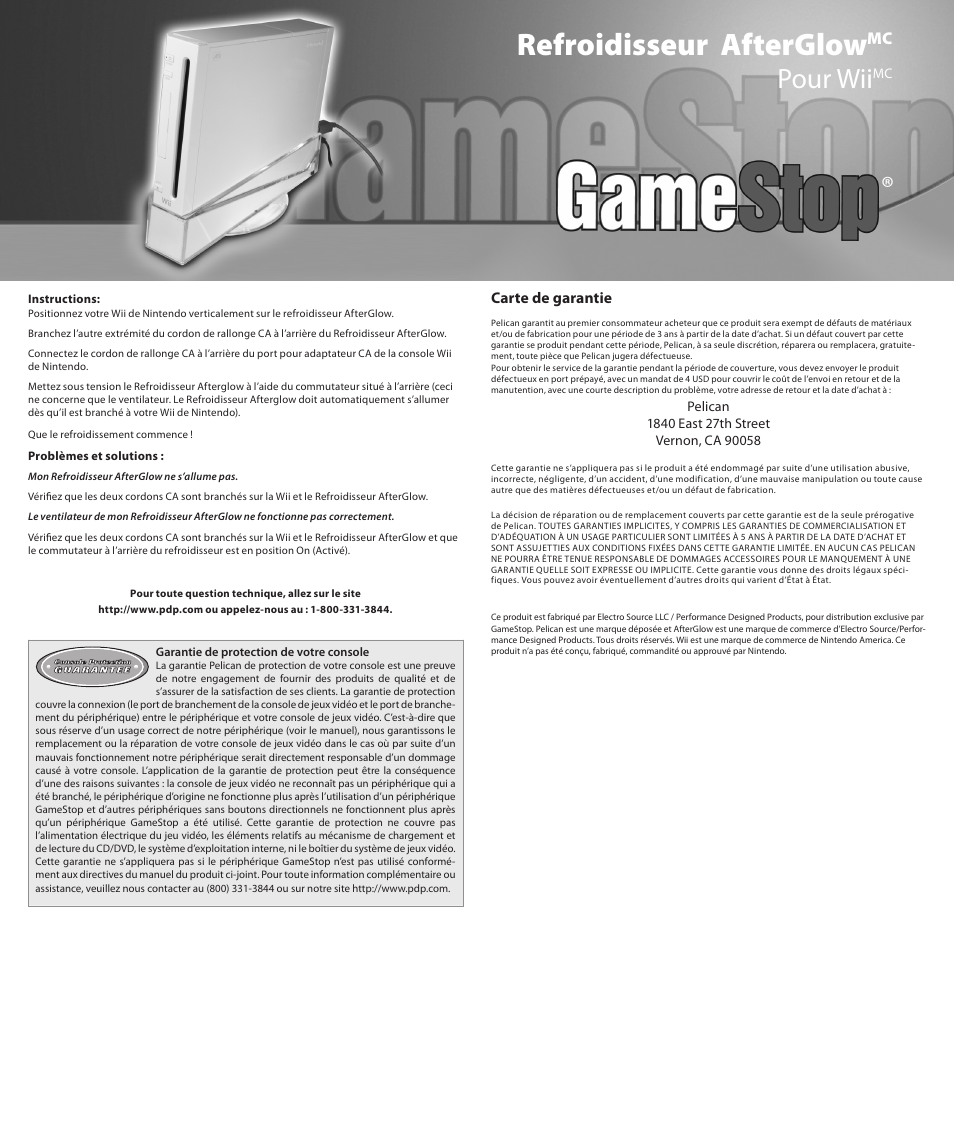 Refroidisseur afterglow, Pour wii, Carte de garantie | PDP AfterGlow Cooler User Manual | Page 2 / 3