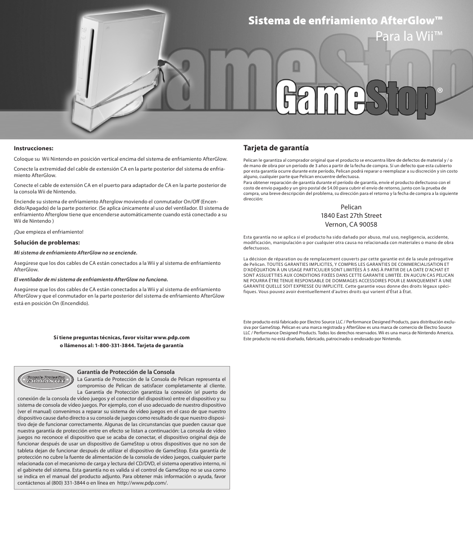 Para la wii, Sistema de enfriamiento afterglow, Tarjeta de garantía | PDP AfterGlow Cooler User Manual | Page 3 / 3